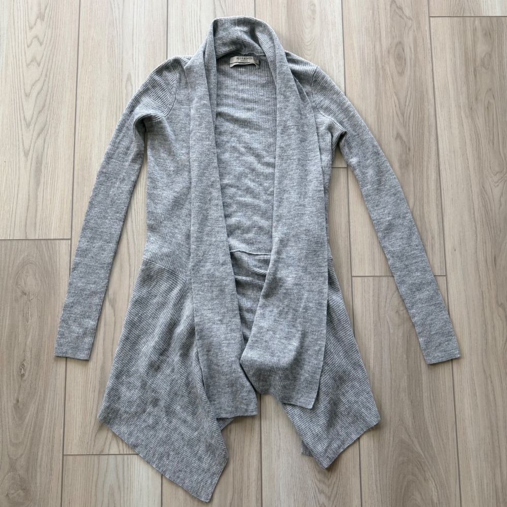 AllSaints Keld Olivo Cardigan Women XS Grey Ribbed Draped Asymmetric Italian